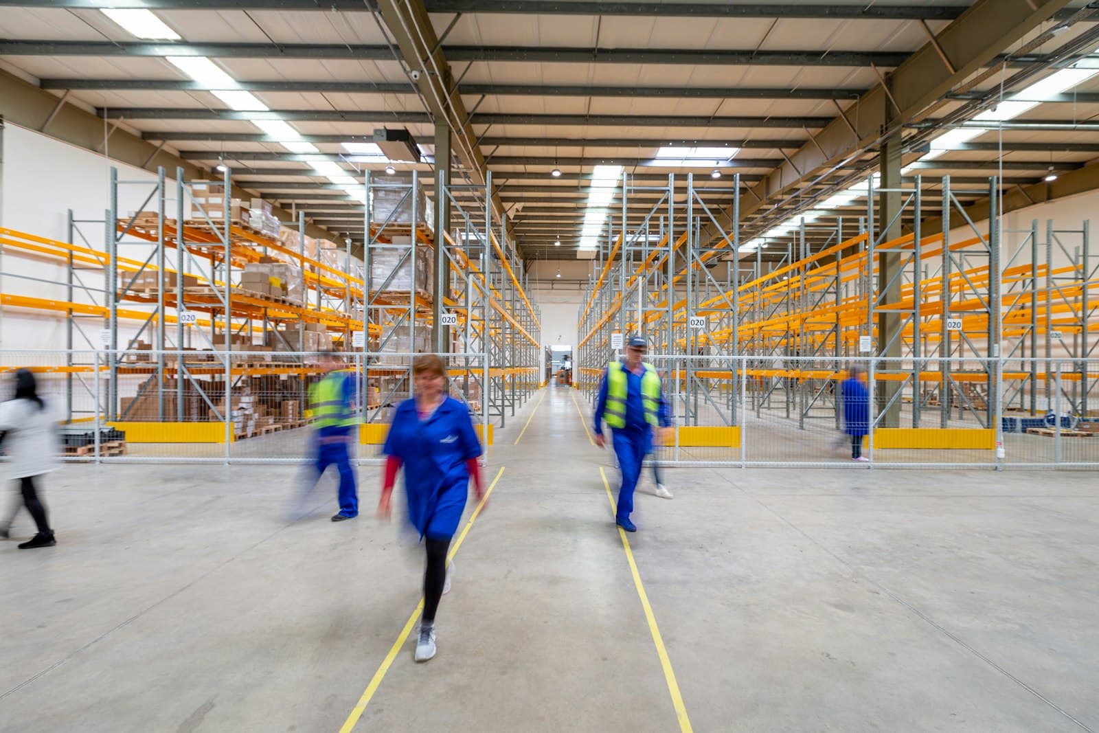 Warehouse workers walking an aisle between stocked pallet racking